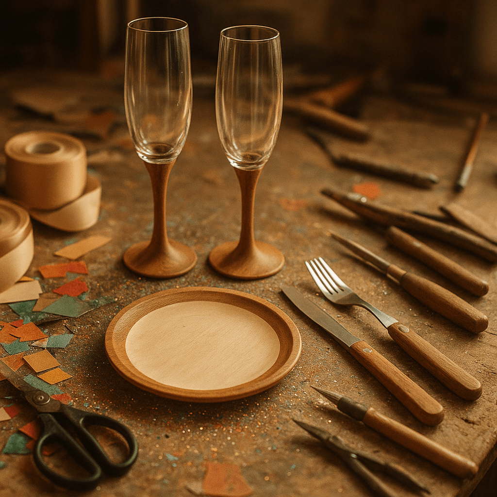 Свадебная атрибутика: бокалы и посуда с деревянными вставками. Авторская работа