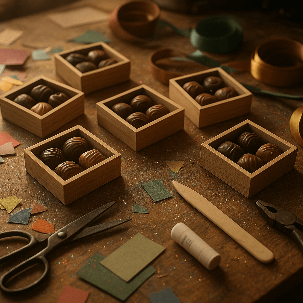 Бонбоньерки с шоколадом в деревянных коробках. Процесс создания