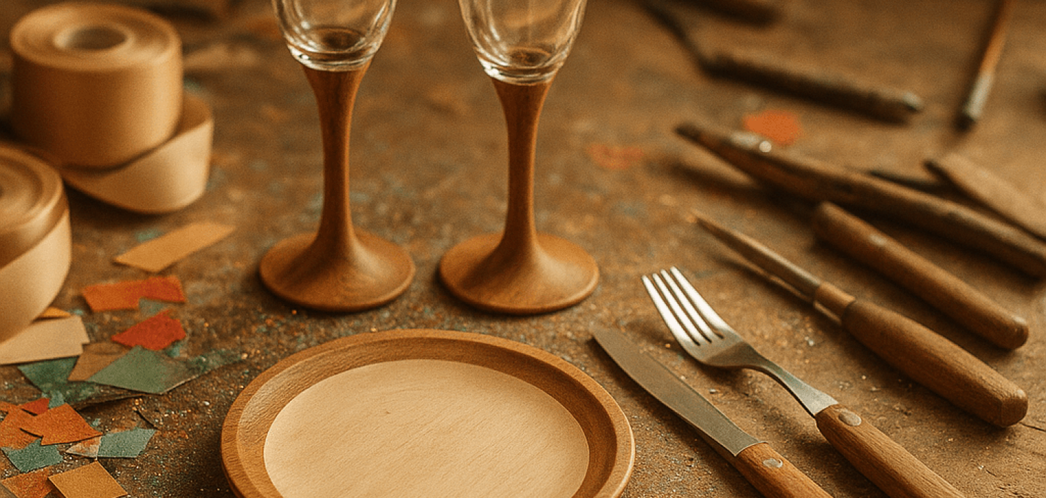 Свадебная атрибутика: бокалы и посуда с деревянными вставками. Авторская работа